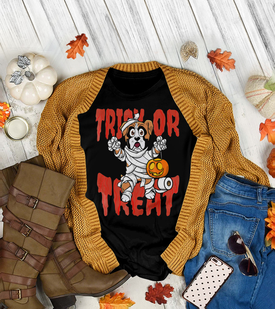 Trick Or Treat Boxer Dog Mummy with Pumpkin and Toilet Paper Rolls T-Shirt