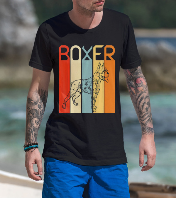 Boxer Dog Retro Stripes Outline T-Shirt