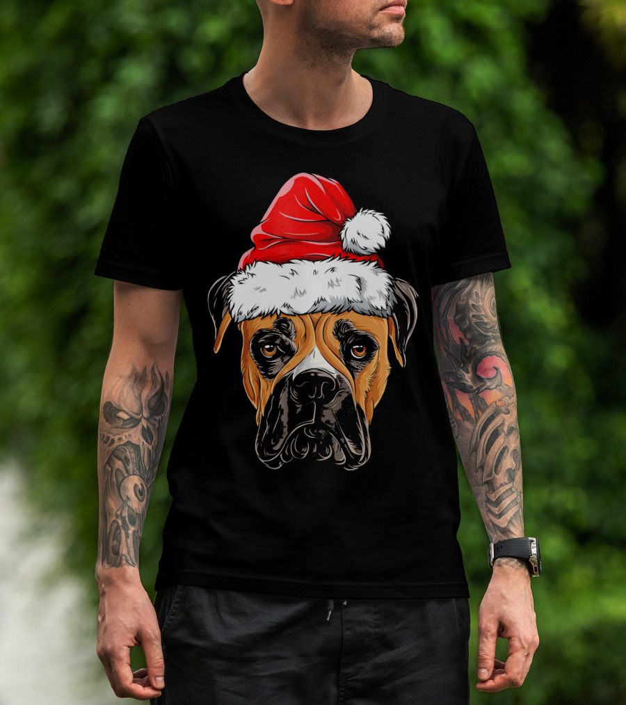 Boxer Dog Wearing Santa Hat T-Shirt