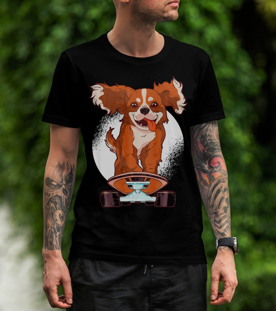 Cavalier Dog On Skateboard With Happy Expression And Energetic Pose T-Shirt