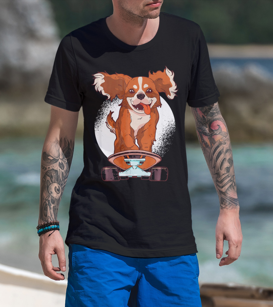 Cavalier Dog On Skateboard With Happy Expression And Energetic Pose T-Shirt