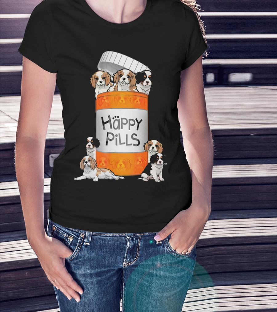 Cavalier King Charles Spaniel Happy Pills Illustration With Puppies In Pill Bottle T-Shirt