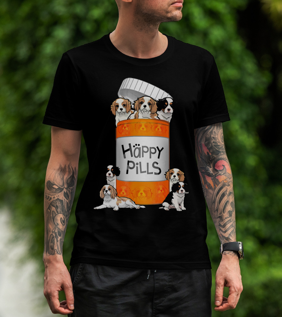 Cavalier King Charles Spaniel Happy Pills Illustration With Puppies In Pill Bottle T-Shirt