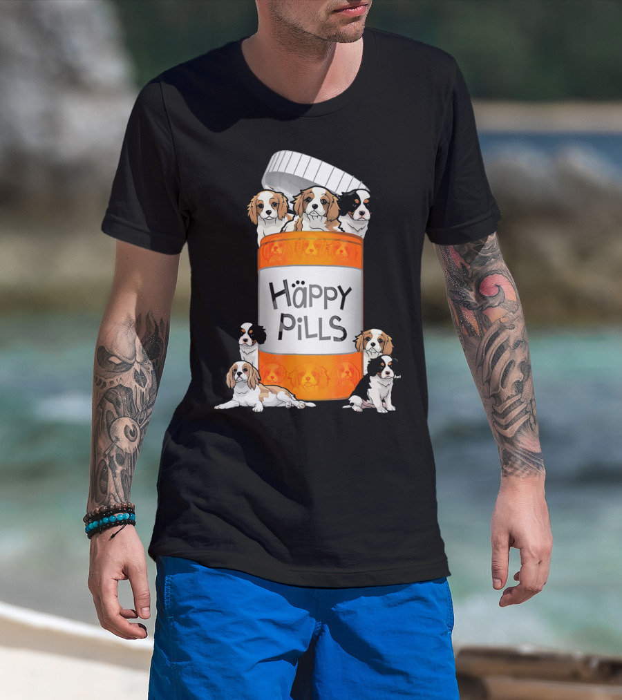 Cavalier King Charles Spaniel Happy Pills Illustration With Puppies In Pill Bottle T-Shirt