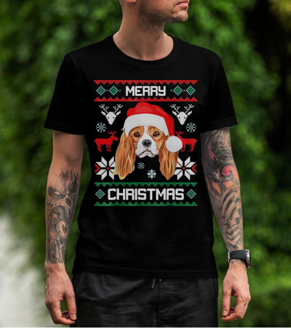 Merry Christmas Cavalier King Charles Spaniel Ugly Sweater Santa Hat T-Shirt