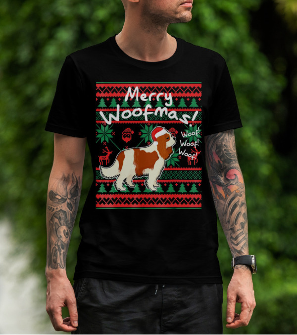 Merry Woofmas Cavalier King Charles Spaniel Festive Santa Hat Woof Woof Holiday T-Shirt