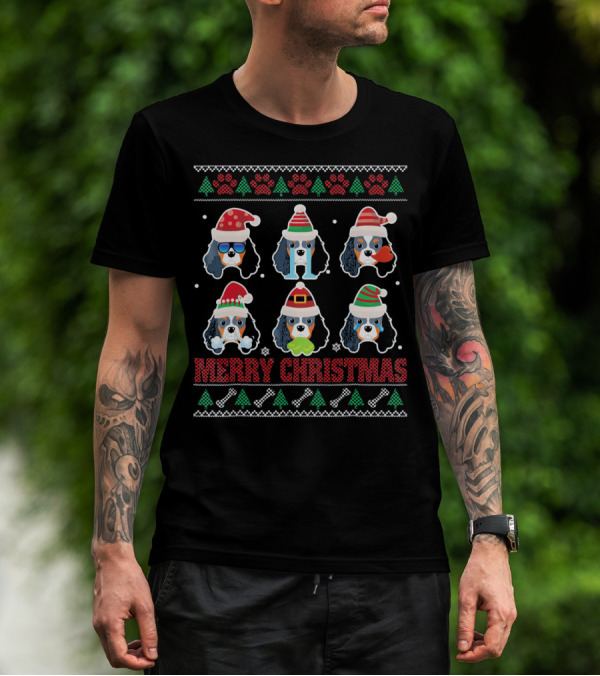 Merry Christmas Cavalier King Charles Spaniel Ugly Santa Santa Hat And Paw Prints T-Shirt