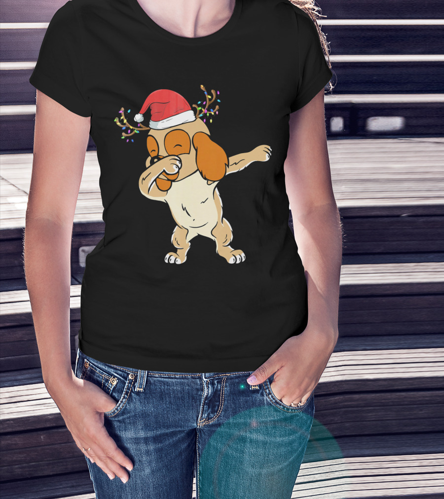Christmas Cocker Spaniel Dabbing Reindeer Antlers Santa Hat T-Shirt