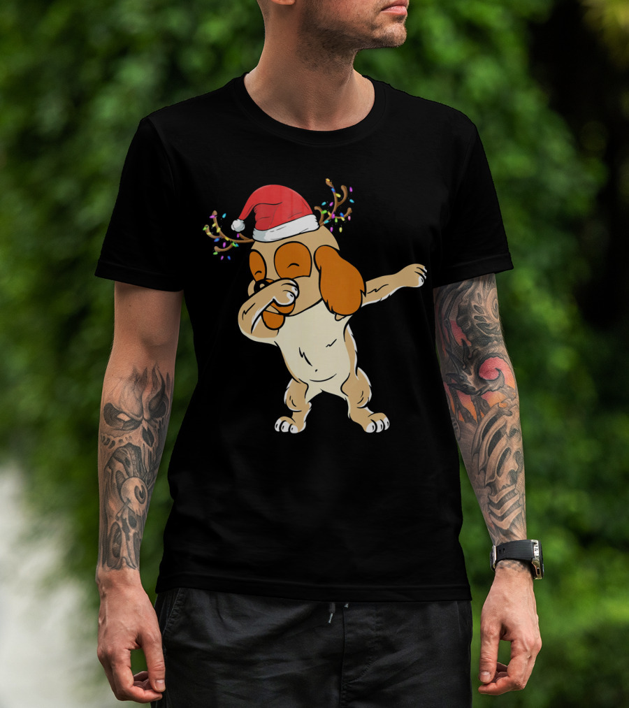 Christmas Cocker Spaniel Dabbing Reindeer Antlers Santa Hat T-Shirt