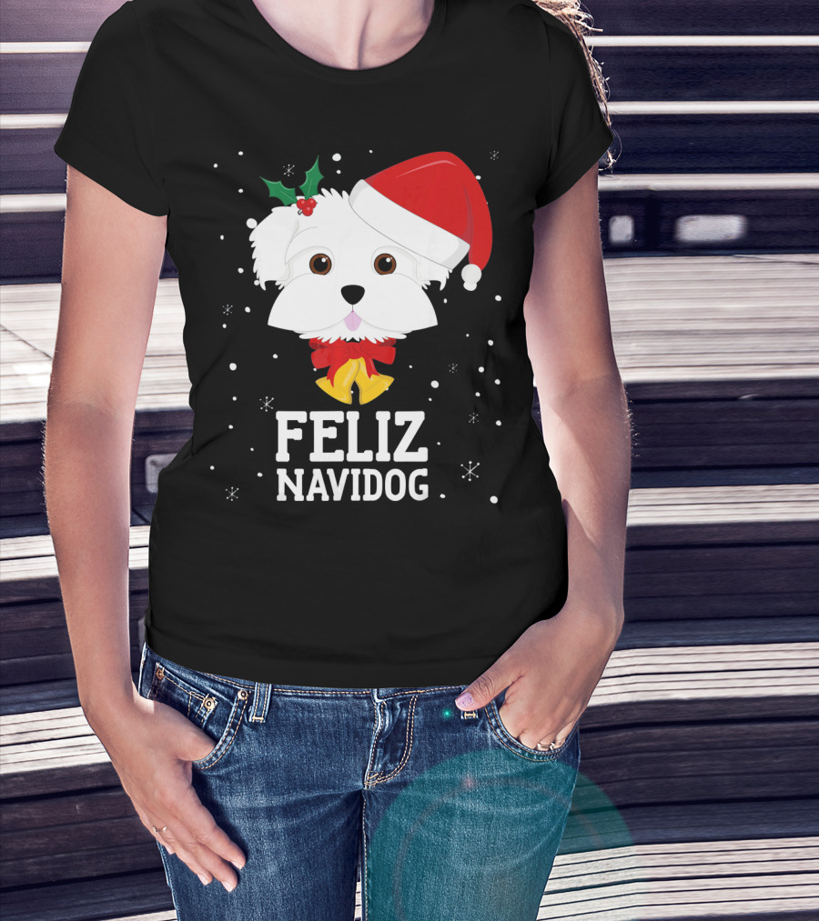 Feliz Navidog Christmas Maltese Dog With Santa Hat And Holly T-Shirt