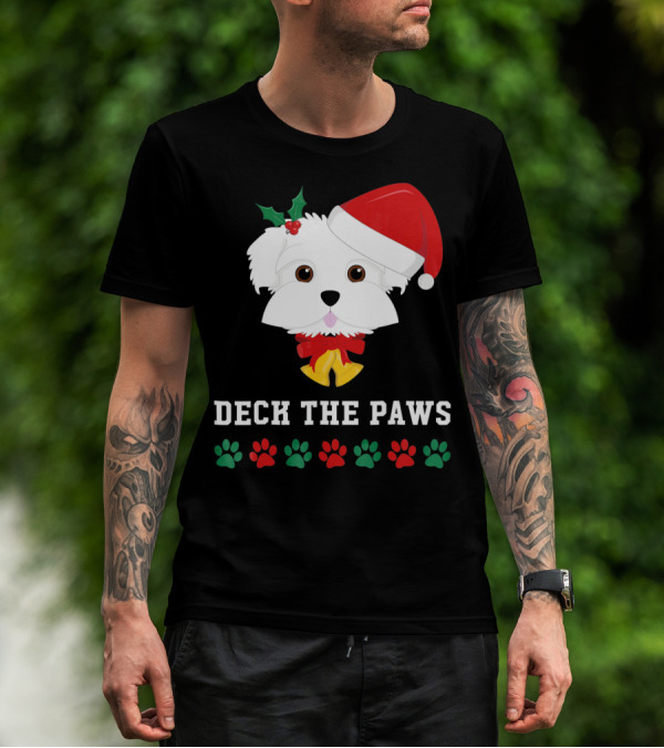 Deck The Paws Christmas Dog Maltese Santa Hat Paw Prints T-Shirt
