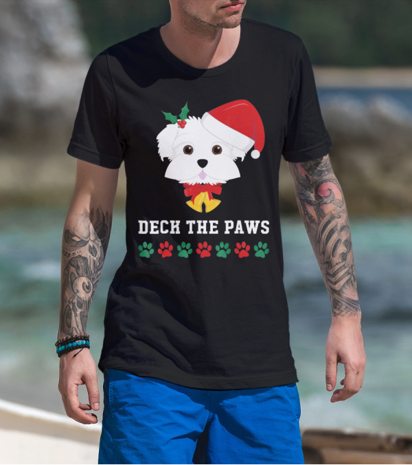 Deck The Paws Christmas Dog Maltese Santa Hat Paw Prints T-Shirt