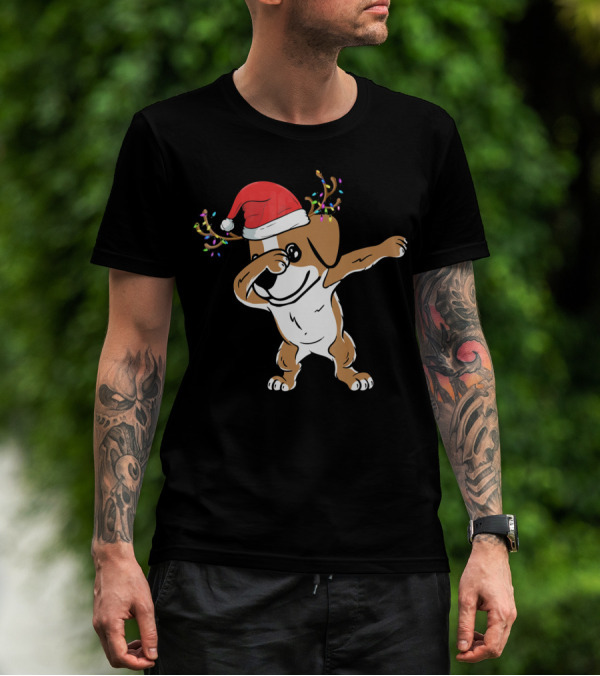 Christmas Jack Russell Terrier With Santa Hat And Reindeer Antlers Dabbing Dab T-Shirt