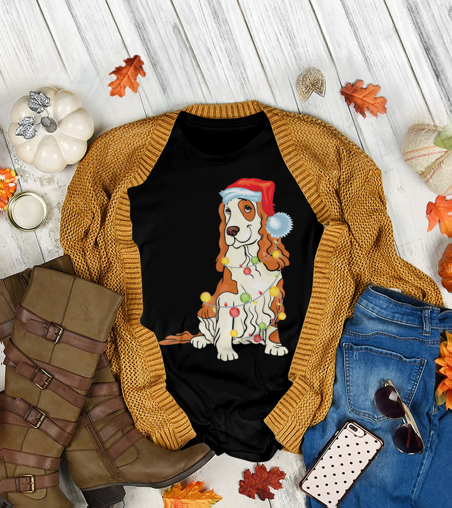 Cocker Spaniel Wearing Santa Hat with Colorful Christmas Lights T-Shirt