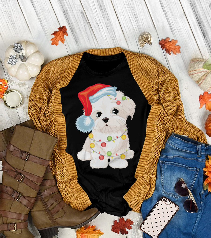 Santa Hat Maltese Dog Wrapped in Christmas Lights T-Shirt