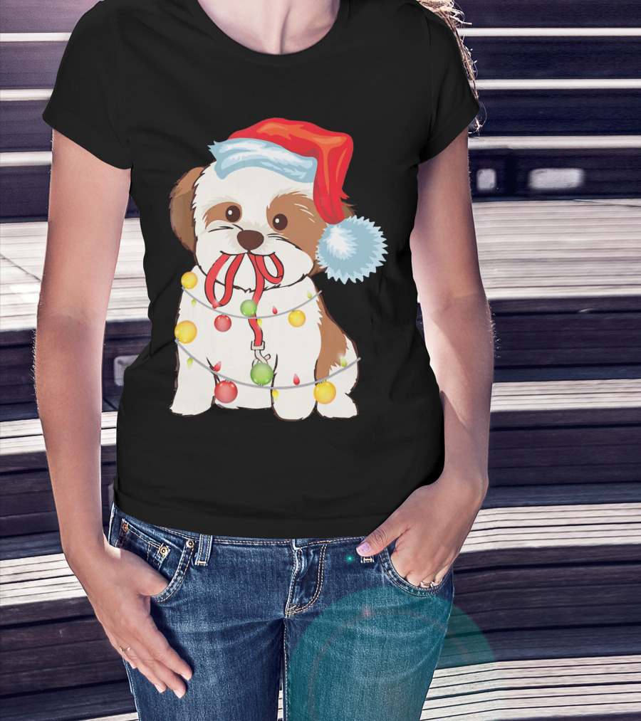 Christmas Lights Shih Tzu With Santa Hat And Festive Ornaments T-Shirt