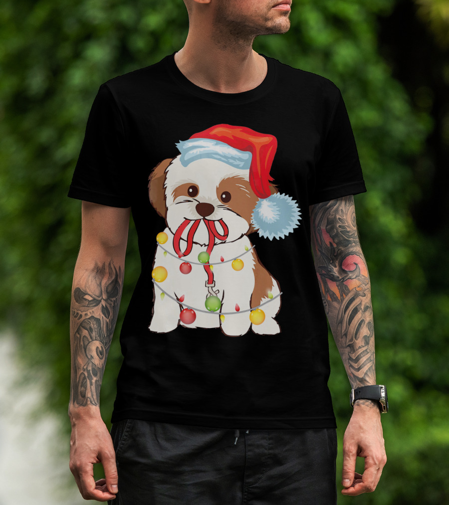 Christmas Lights Shih Tzu With Santa Hat And Festive Ornaments T-Shirt