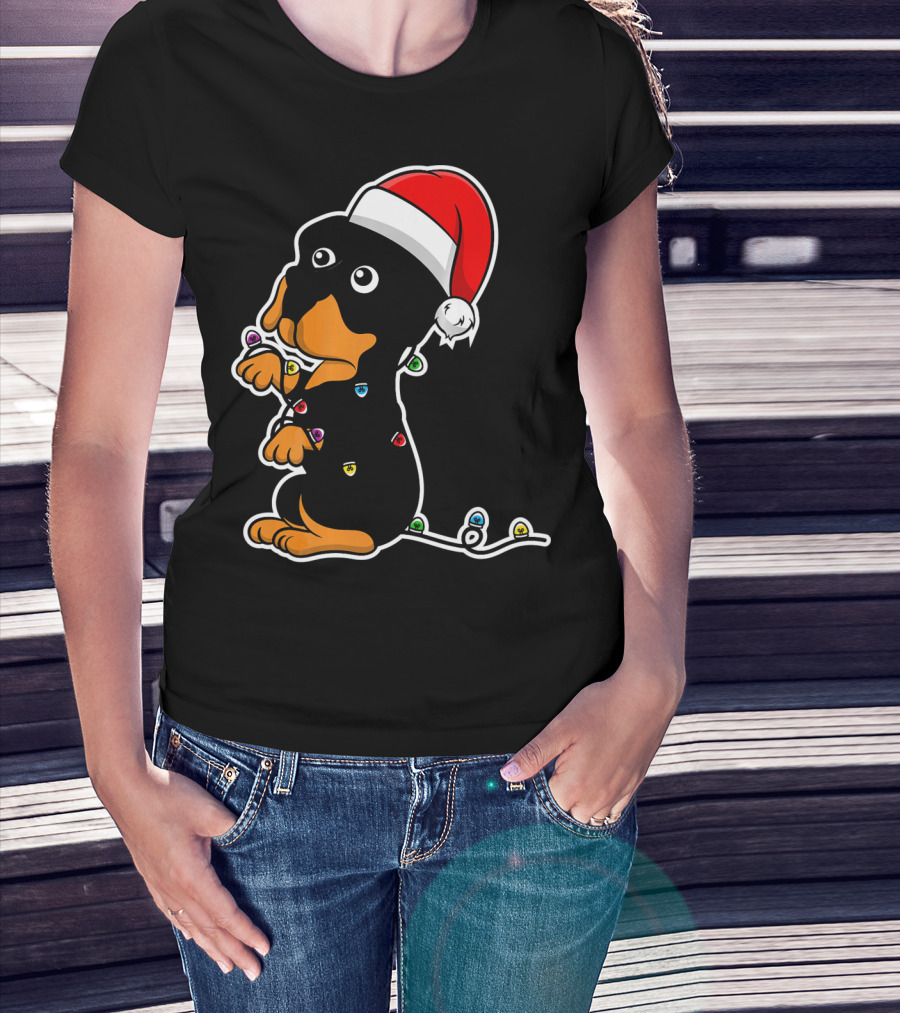 Christmas Rottweiler Puppy Santa Hat Lights T-Shirt