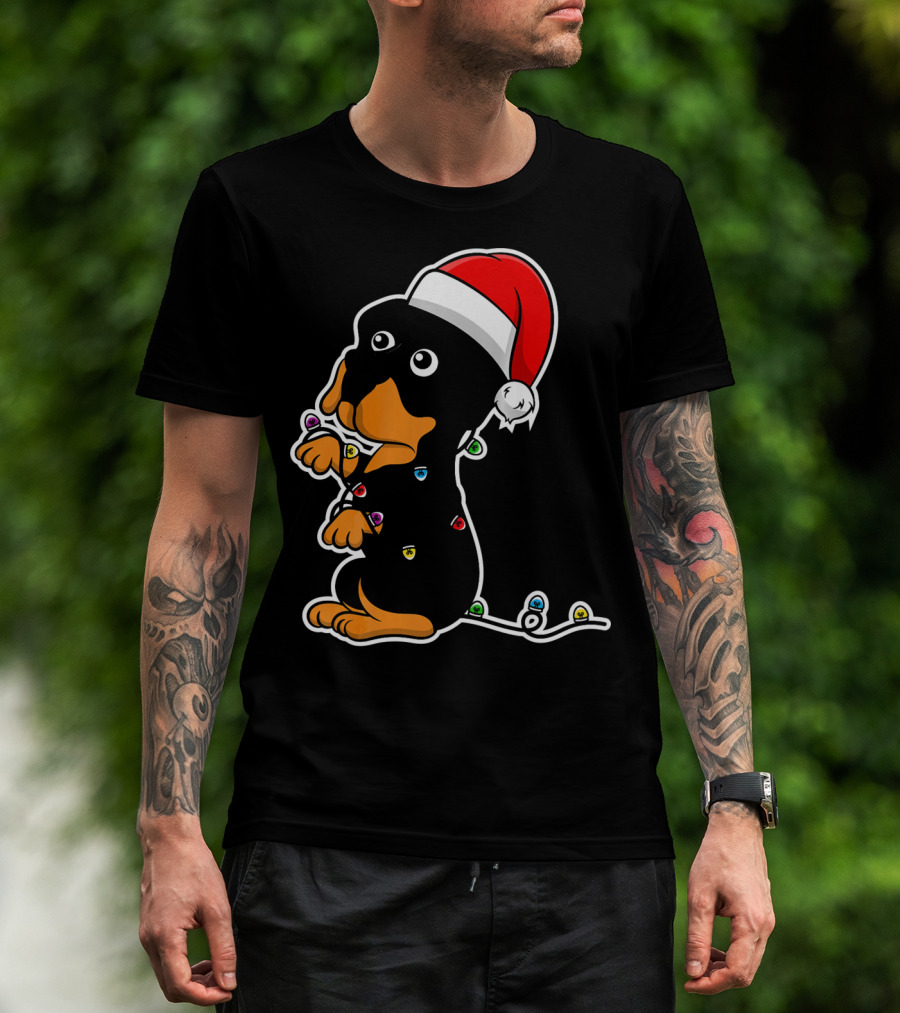 Christmas Rottweiler Puppy Santa Hat Lights T-Shirt