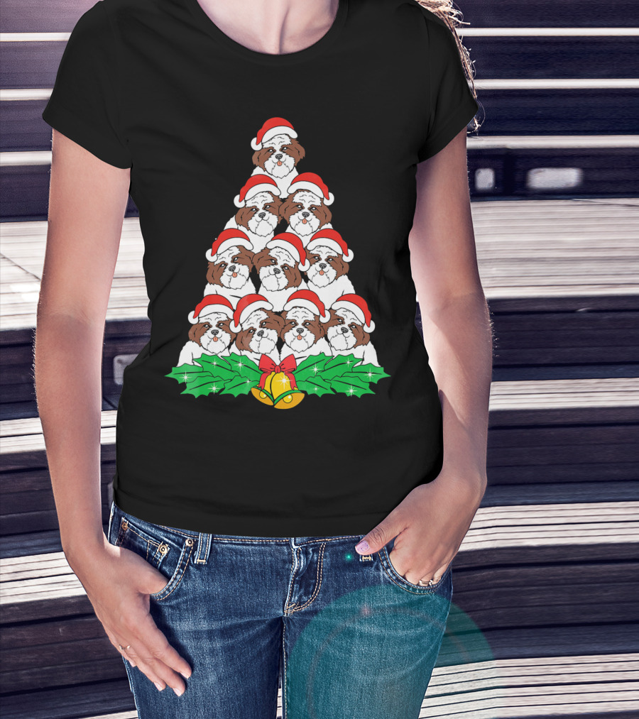 Christmas Shih Tzu Santa Hats Tree With Holly And Bells T-Shirt