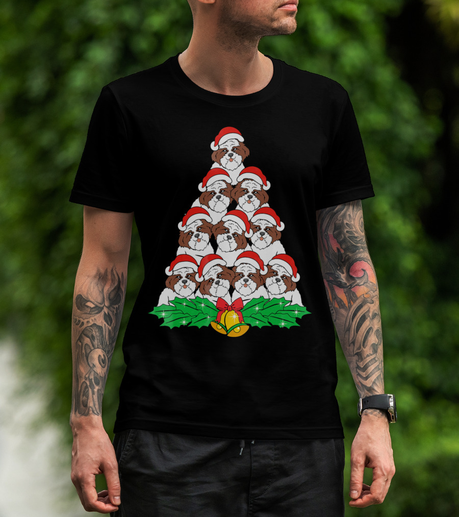 Christmas Shih Tzu Santa Hats Tree With Holly And Bells T-Shirt