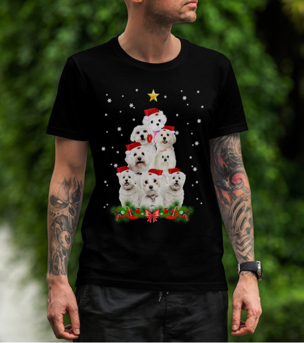 Maltese Dogs Christmas Tree With Santa Hats And Star T-Shirt