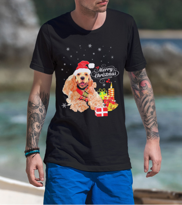 Cocker Spaniel Merry Christmas Santa Hat Presents Candles Snowflakes T-Shirt