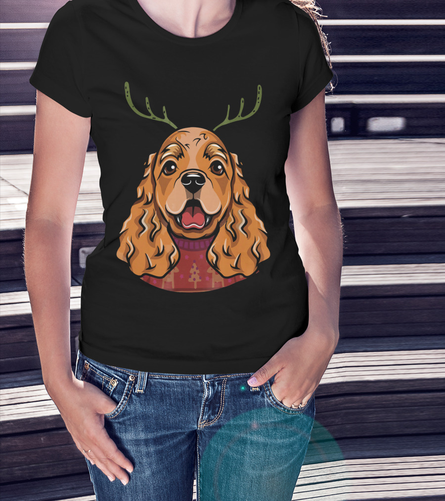 Cocker Spaniel Dog With Reindeer Antlers And Holiday T-Shirt