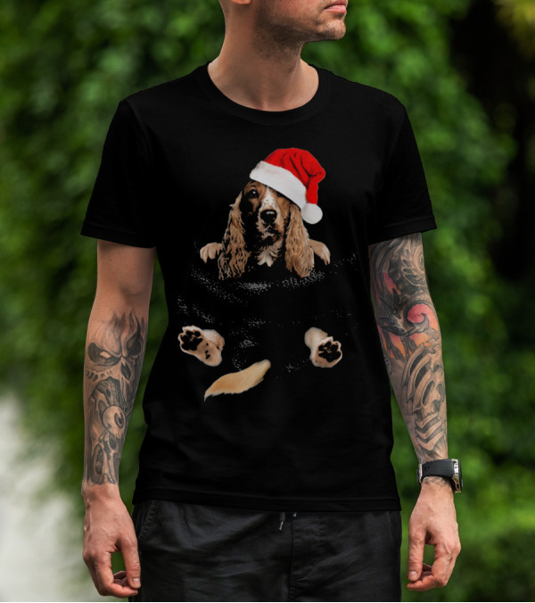 Cocker Spaniel Christmas Santa Hat In Pocket T-Shirt