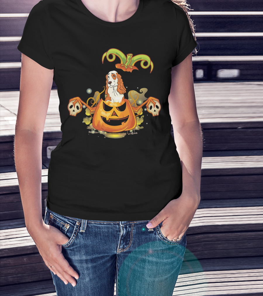 Cocker Spaniel Dog Halloween Pumpkin With Skulls T-Shirt