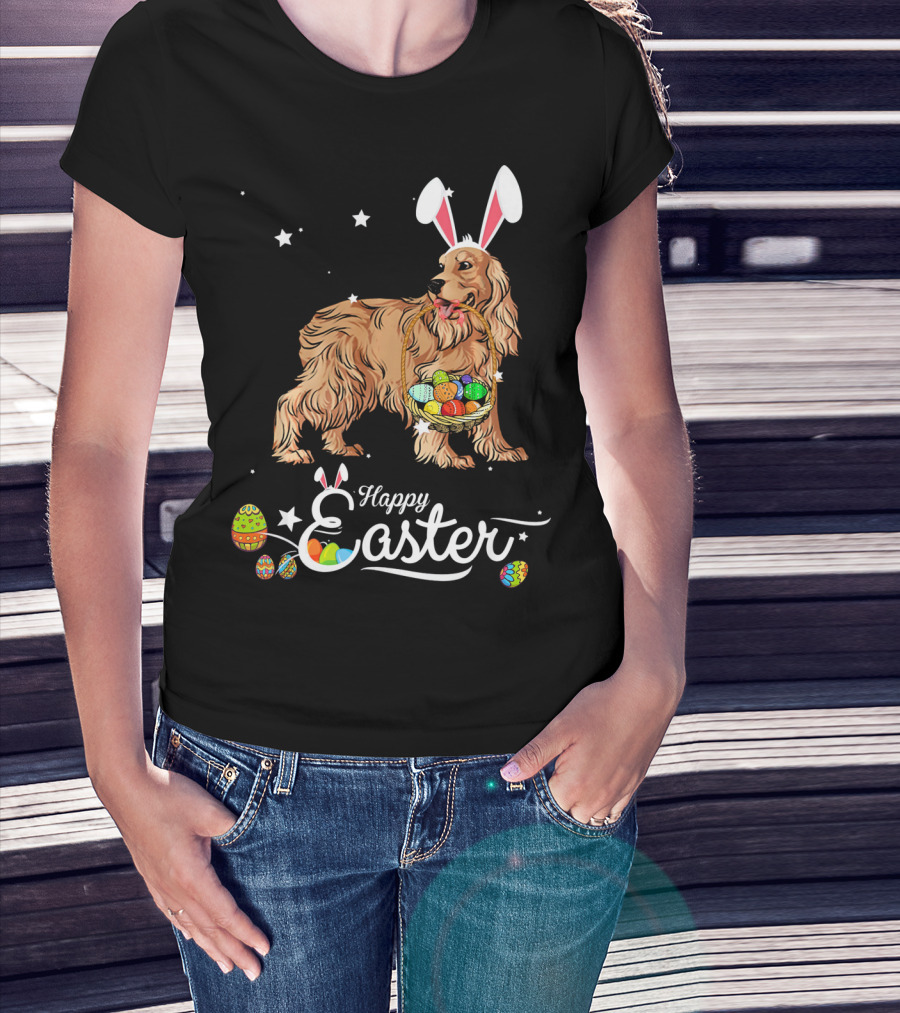 Cocker Spaniel With Bunny Hat Holding Easter Egg Basket Happy Easter T-Shirt