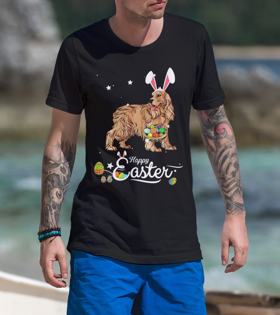 Cocker Spaniel With Bunny Hat Holding Easter Egg Basket Happy Easter T-Shirt