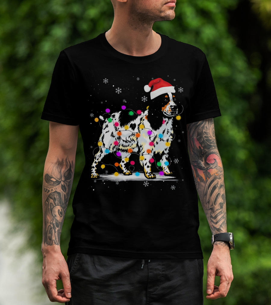Cocker Spaniel Dog With Christmas Lights Santa Hat Snowflakes T-Shirt