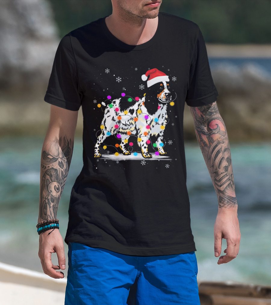 Cocker Spaniel Dog With Christmas Lights Santa Hat Snowflakes T-Shirt