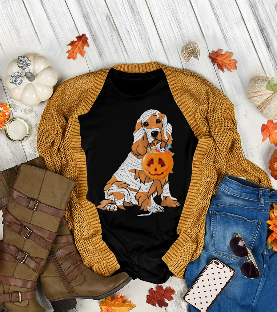 Cocker Spaniel Halloween Mummy Pumpkin Bucket T-Shirt