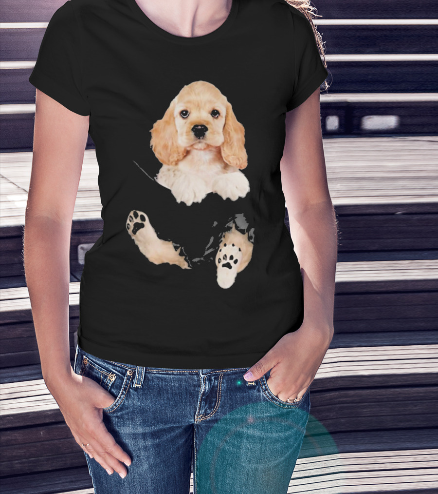 Cocker Spaniel Puppy With Paws Peeking From Pocket T-Shirt