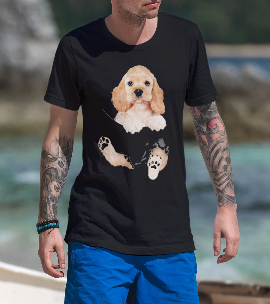 Cocker Spaniel Puppy With Paws Peeking From Pocket T-Shirt