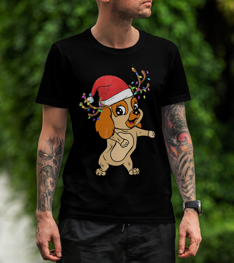 Cocker Spaniel Reindeer Christmas Funny Dog With Santa Hat And Festive Antlers T-Shirt