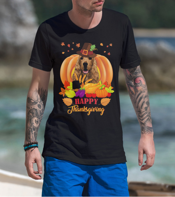 Happy Thanksgiving Cocker Spaniel With Pumpkins And Autumn Harvest T-Shirt
