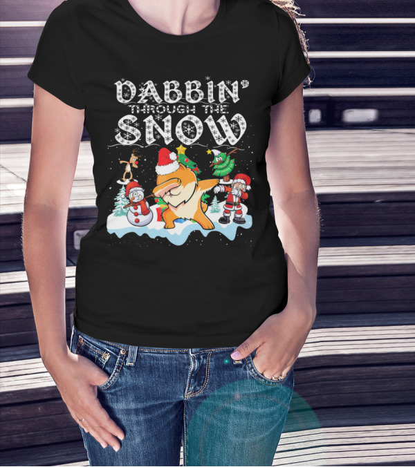 Dabbin Through The Snow Pomeranian Dog With Santa Snowman And Reindeer T-Shirt