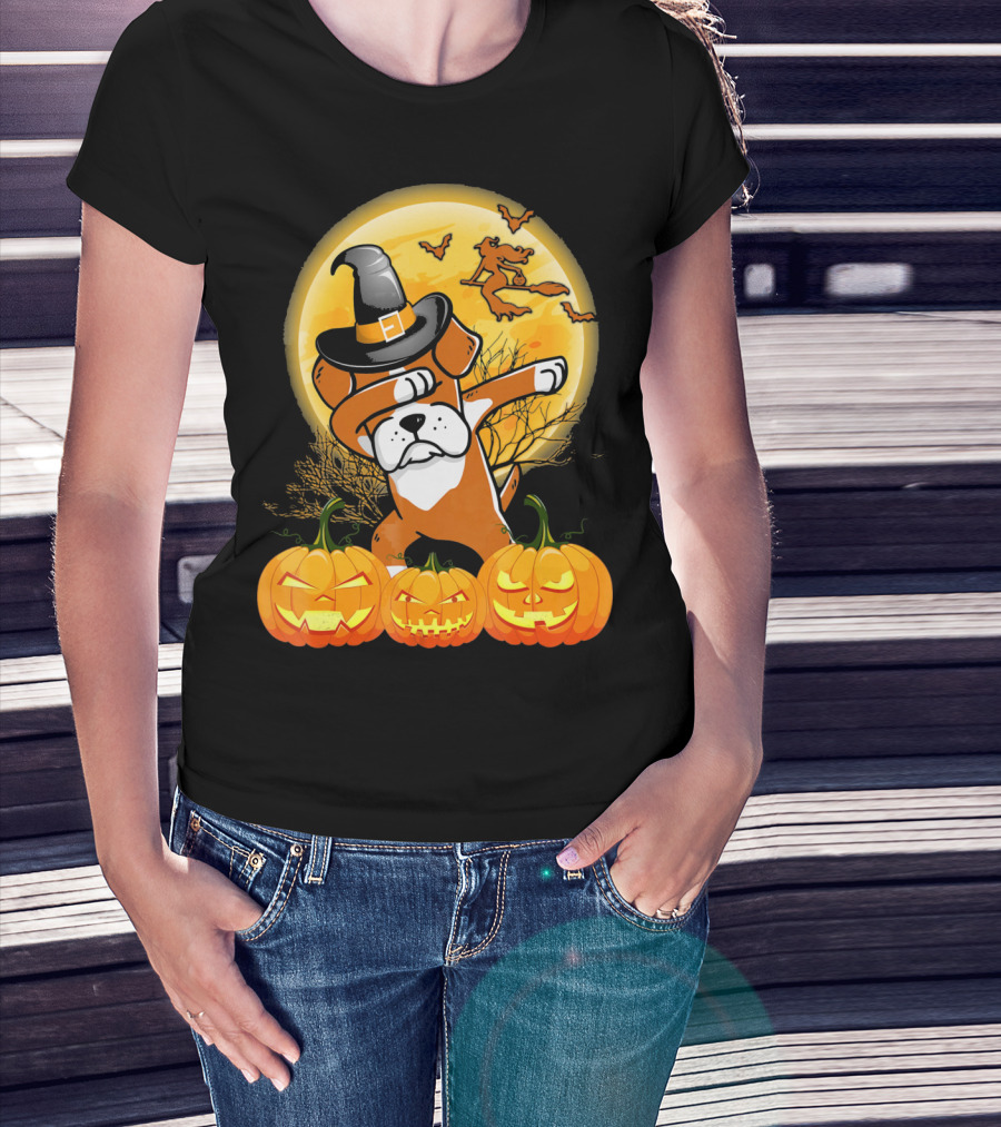 Halloween Dabbing Boxer Dog Witch Hat Pumpkins Bats Moon T-Shirt