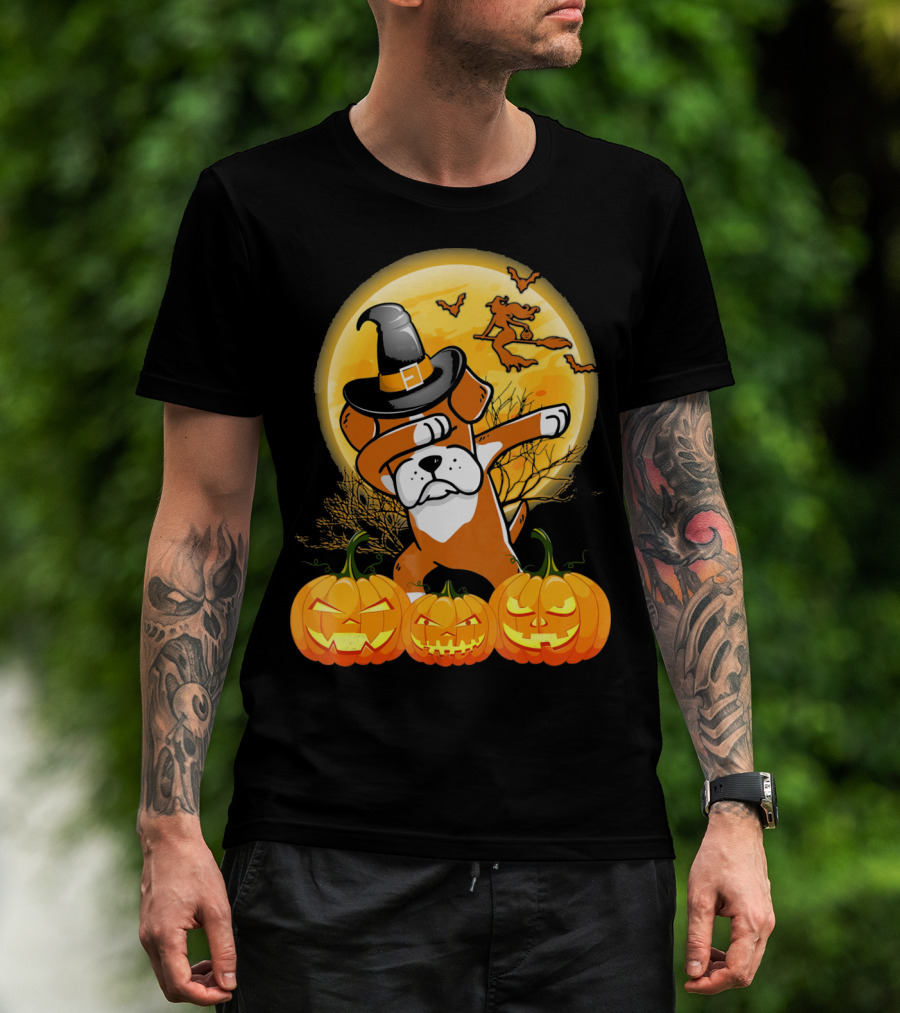 Halloween Dabbing Boxer Dog Witch Hat Pumpkins Bats Moon T-Shirt