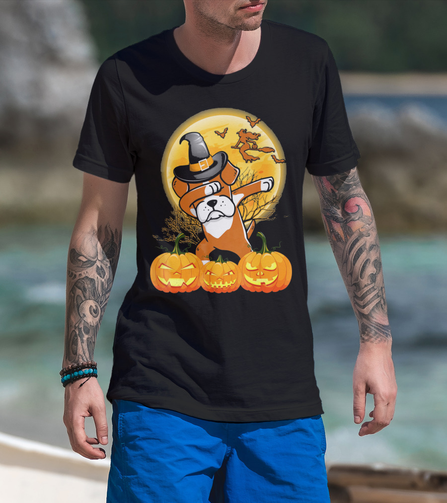 Halloween Dabbing Boxer Dog Witch Hat Pumpkins Bats Moon T-Shirt