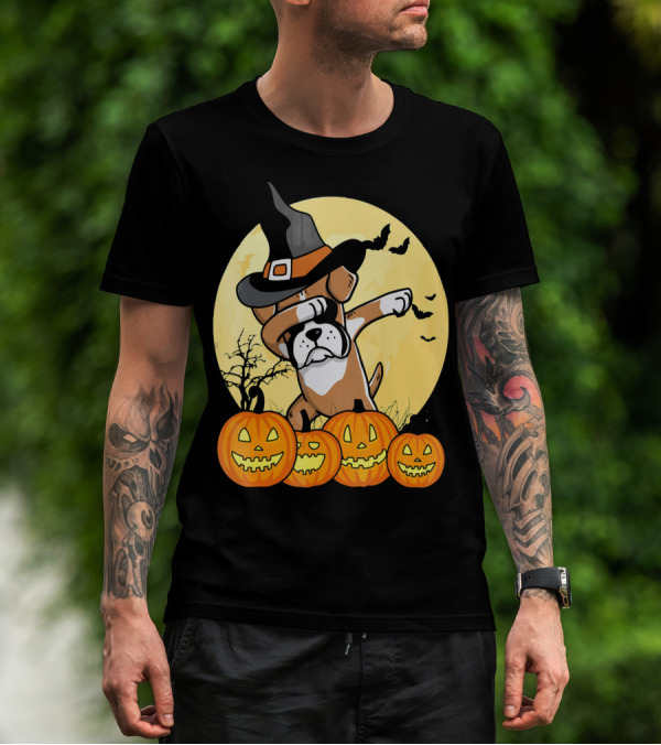 Dabbing Boxer Dog Witch Hat Pumpkin Halloween Dab Dance T-Shirt