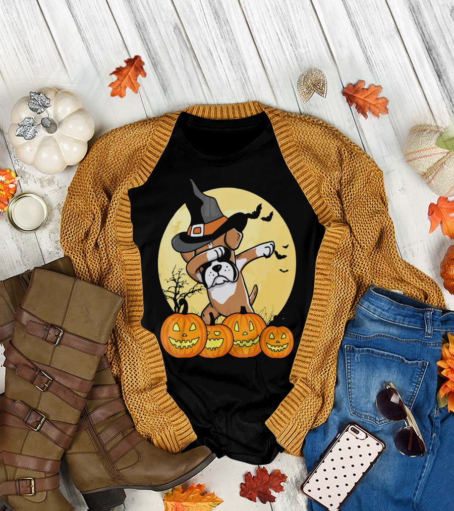 Dabbing Boxer Dog Witch Hat Pumpkin Halloween Dab Dance T-Shirt