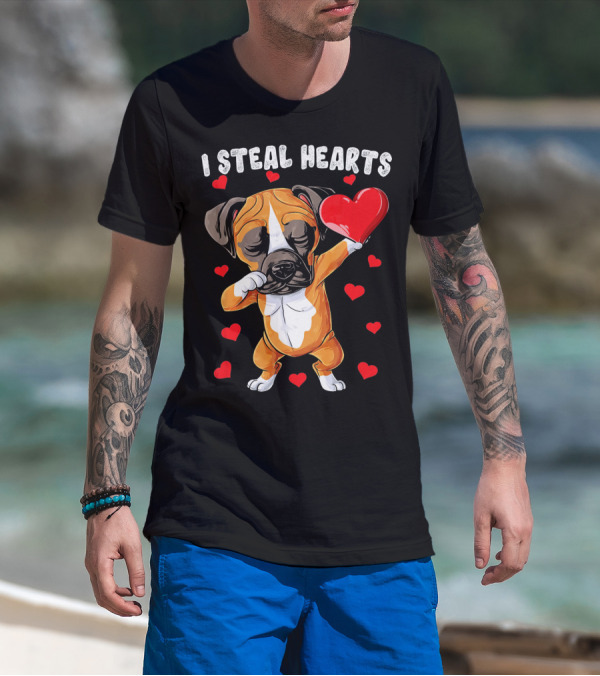 Dabbing Boxer Dog Holding Red Heart I Steal Hearts T-Shirt