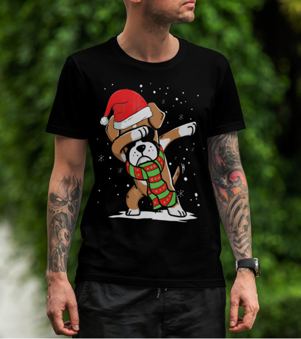 Festive Dabbing Boxer Dog In Santa Hat And Scarf For Christmas Dog Lovers T-Shirt