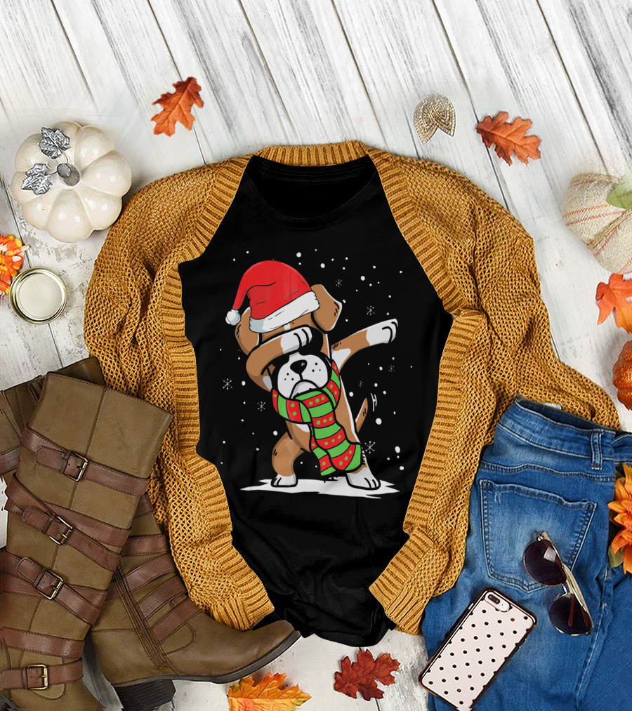 Festive Dabbing Boxer Dog in Santa Hat and Scarf for Christmas Dog Lovers T-Shirt