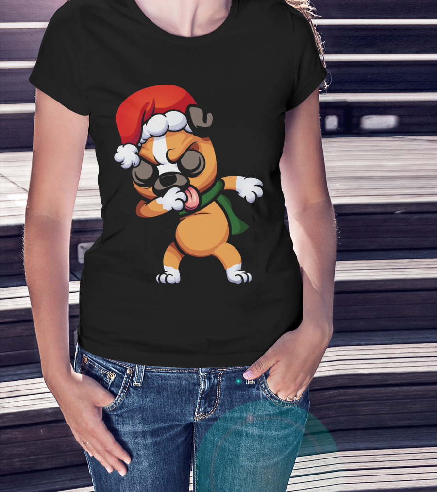 Dabbing Boxer Santa Dog Cartoon With Christmas Hat And Scarf T-Shirt