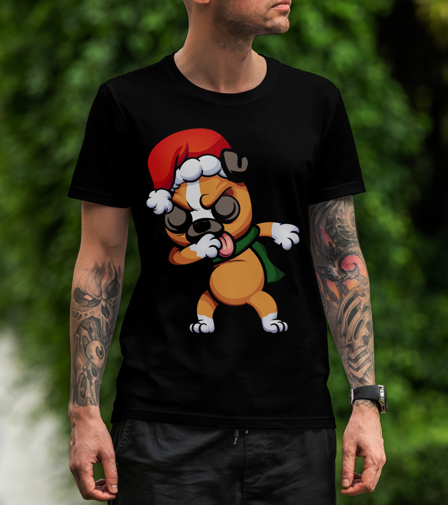Dabbing Boxer Santa Dog Cartoon With Christmas Hat And Scarf T-Shirt